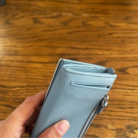 Prada Saffiano Leather Light Blue Metal Flap Bar Continental Wallet - Picture 12 of 13